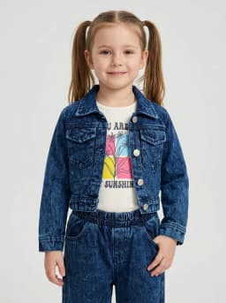 Girls Dark Blue Acid Wash Denim Jacket, Graphic Top and Bow Flare Jeans Set