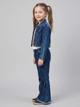 Girls Dark Blue Acid Wash Denim Jacket, Graphic Top and Bow Flare Jeans Set