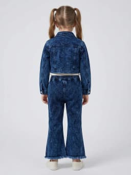 Girls Dark Blue Acid Wash Denim Jacket, Graphic Top and Bow Flare Jeans Set