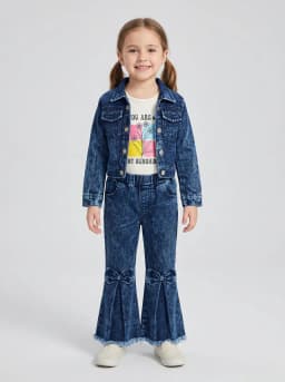 Girls Dark Blue Acid Wash Denim Jacket, Graphic Top and Bow Flare Jeans Set