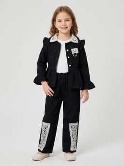 Girls 3-Piece Black Denim Peplum Jacket, White Top and Pants Set