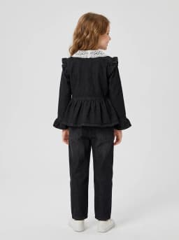 Girls 3-Piece Black Denim Peplum Jacket, White Top and Pants Set