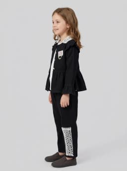 Girls 3-Piece Black Denim Peplum Jacket, White Top and Pants Set