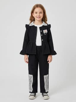 Girls 3-Piece Black Denim Peplum Jacket, White Top and Pants Set
