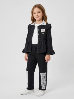 Girls 3-Piece Black Denim Peplum Jacket, White Top and Pants Set