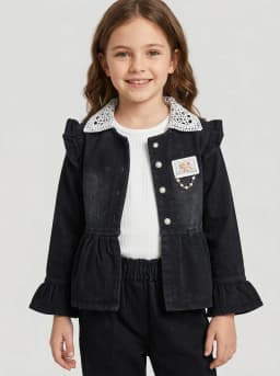 Girls 3-Piece Black Denim Peplum Jacket, White Top and Pants Set