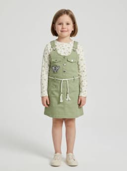 Girls Sage Green Pinafore Dress and Off-White Leaf Print Top Set