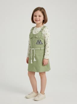 Girls Sage Green Pinafore Dress and Off-White Leaf Print Top Set