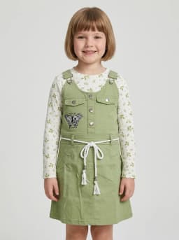 Girls Sage Green Pinafore Dress and Off-White Leaf Print Top Set