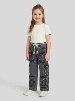 Girls Washed Black Denim Multi-Pocket Cargo Jeans with Braided Belt