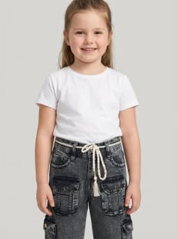 Girls Washed Black Denim Multi-Pocket Cargo Jeans with Braided Belt