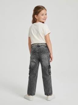 Girls Washed Black Denim Multi-Pocket Cargo Jeans with Braided Belt