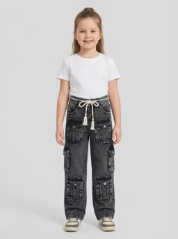 Girls Washed Black Denim Multi-Pocket Cargo Jeans with Braided Belt
