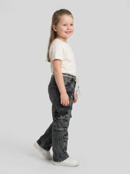 Girls Washed Black Denim Multi-Pocket Cargo Jeans with Braided Belt