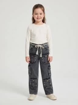 Girls Washed Black Denim Multi-Pocket Cargo Jeans with Braided Belt