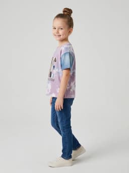 Girls Mauve Tie-Dye Graphic T-Shirt with Denim Wash Contrast Sleeves