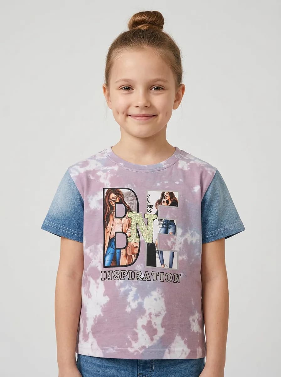 Girls Mauve Tie-Dye Graphic T-Shirt with Denim Wash Contrast Sleeves