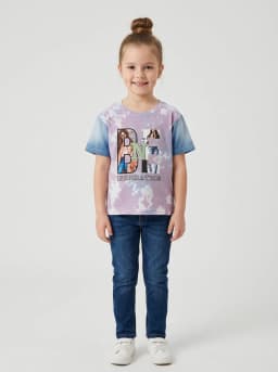 Girls Mauve Tie-Dye Graphic T-Shirt with Denim Wash Contrast Sleeves