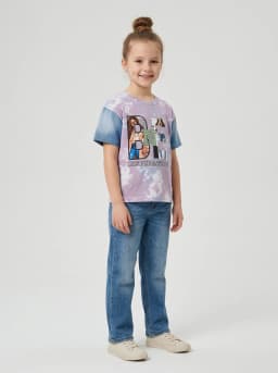 Girls Mauve Tie-Dye Graphic T-Shirt with Denim Wash Contrast Sleeves