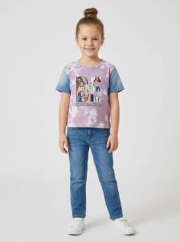 Girls Mauve Tie-Dye Graphic T-Shirt with Denim Wash Contrast Sleeves