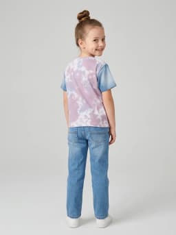 Girls Mauve Tie-Dye Graphic T-Shirt with Denim Wash Contrast Sleeves