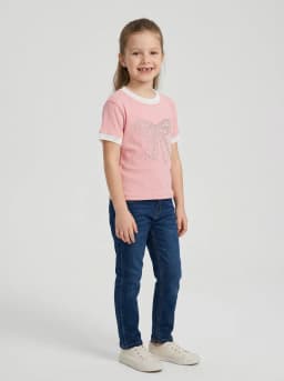 Girls Pink Ribbed Knit Top with Pearl Rhinestone Bow Motif and White Contrast Trim