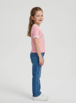 Girls Pink Ribbed Knit Top with Pearl Rhinestone Bow Motif and White Contrast Trim