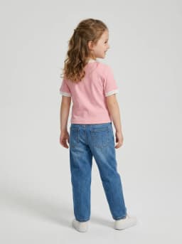 Girls Pink Ribbed Knit Top with Pearl Rhinestone Bow Motif and White Contrast Trim
