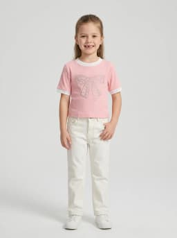 Girls Pink Ribbed Knit Top with Pearl Rhinestone Bow Motif and White Contrast Trim