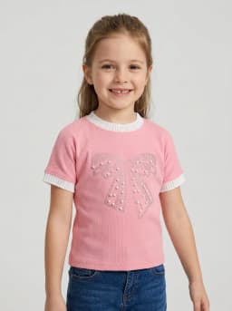 Girls Pink Ribbed Knit Top with Pearl Rhinestone Bow Motif and White Contrast Trim