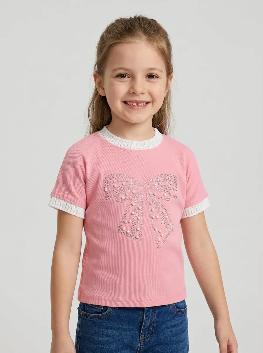 Girls Pink Ribbed Knit Top with Pearl Rhinestone Bow Motif and White Contrast Trim