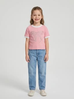 Girls Pink Ribbed Knit Top with Pearl Rhinestone Bow Motif and White Contrast Trim