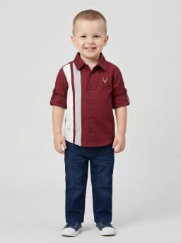 Boys Maroon Colourblocked Casual Shirt with Roll-Up Sleeves