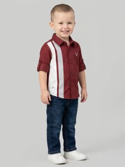 Boys Maroon Colourblocked Casual Shirt with Roll-Up Sleeves