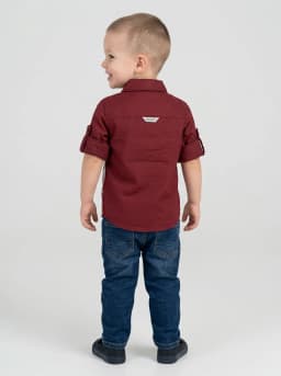 Boys Maroon Colourblocked Casual Shirt with Roll-Up Sleeves