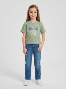 Girls Sage Green T-Shirt with Embellished Bow Patch