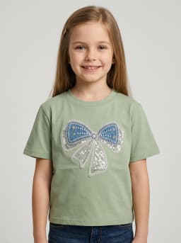 Girls Sage Green T-Shirt with Embellished Bow Patch