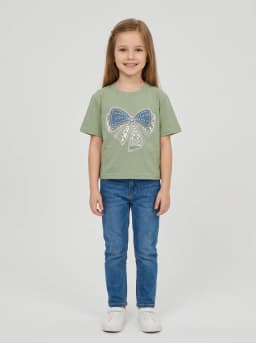Girls Sage Green T-Shirt with Embellished Bow Patch