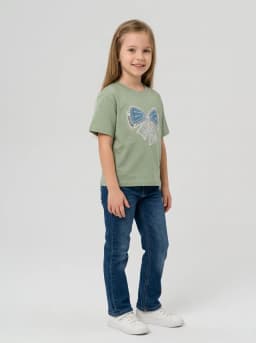 Girls Sage Green T-Shirt with Embellished Bow Patch