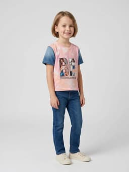 Girls Pink and Peach Tie Dye Graphic T-Shirt with Mid-Blue Denim Sleeves