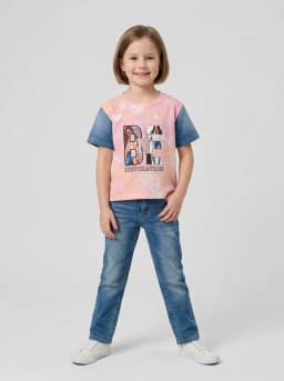 Girls Pink and Peach Tie Dye Graphic T-Shirt with Mid-Blue Denim Sleeves