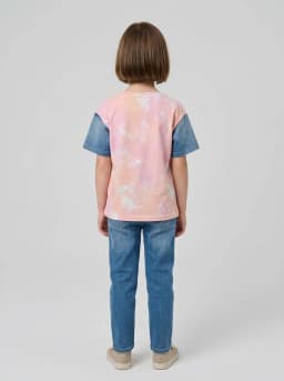 Girls Pink and Peach Tie Dye Graphic T-Shirt with Mid-Blue Denim Sleeves
