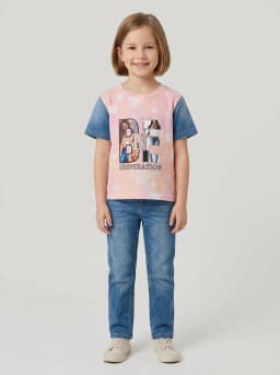 Girls Pink and Peach Tie Dye Graphic T-Shirt with Mid-Blue Denim Sleeves