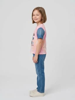 Girls Pink and Peach Tie Dye Graphic T-Shirt with Mid-Blue Denim Sleeves