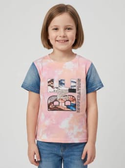Girls Pink and Peach Tie Dye Graphic T-Shirt with Mid-Blue Denim Sleeves