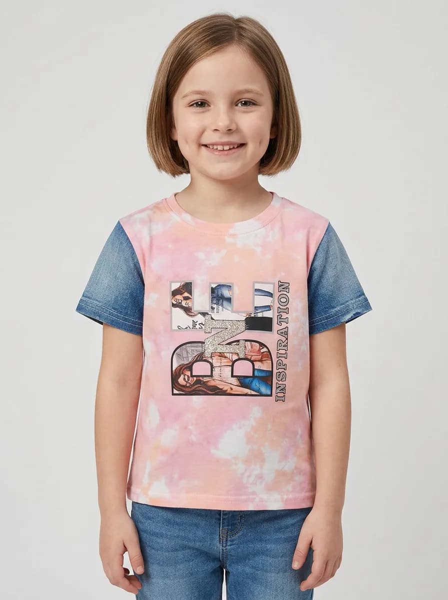 Girls Pink and Peach Tie Dye Graphic T-Shirt with Mid-Blue Denim Sleeves