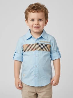 Boys Light Blue Collared Shirt with Beige Tartan Check Accent