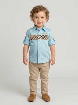 Boys Light Blue Collared Shirt with Beige Tartan Check Accent