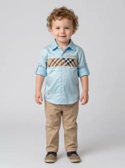 Boys Light Blue Collared Shirt with Beige Tartan Check Accent