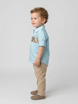Boys Light Blue Collared Shirt with Beige Tartan Check Accent
